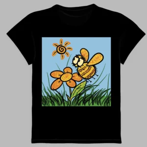 a black t-shirt a print of crazy bee