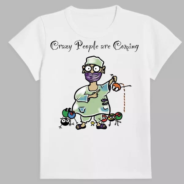 white t-shirt with crazy people print