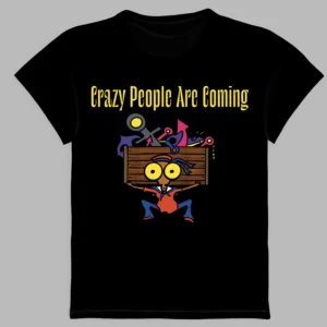 a black t-shirt a print of crazy people