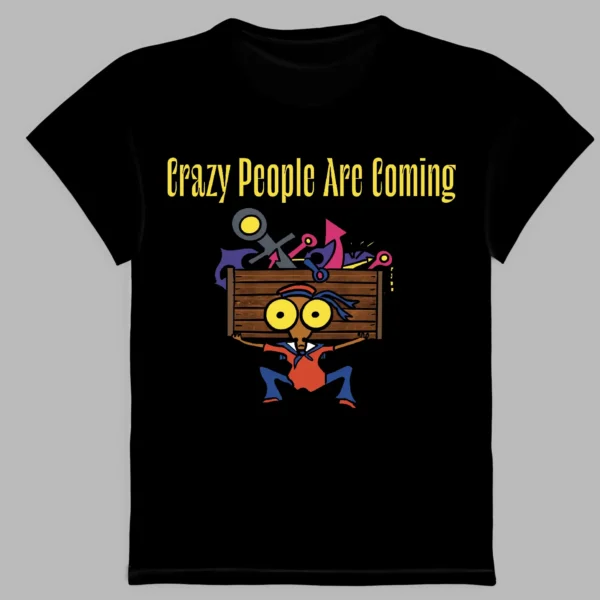 a black t-shirt a print of crazy people