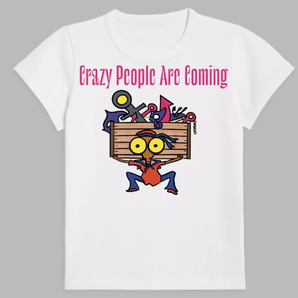 white t-shirt with crazy people print