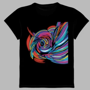 a black t-shirt a print of space spiral