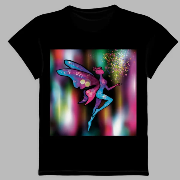 a black t-shirt with a print of fairy