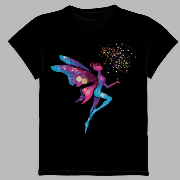 a black t-shirt a print of magic fairy