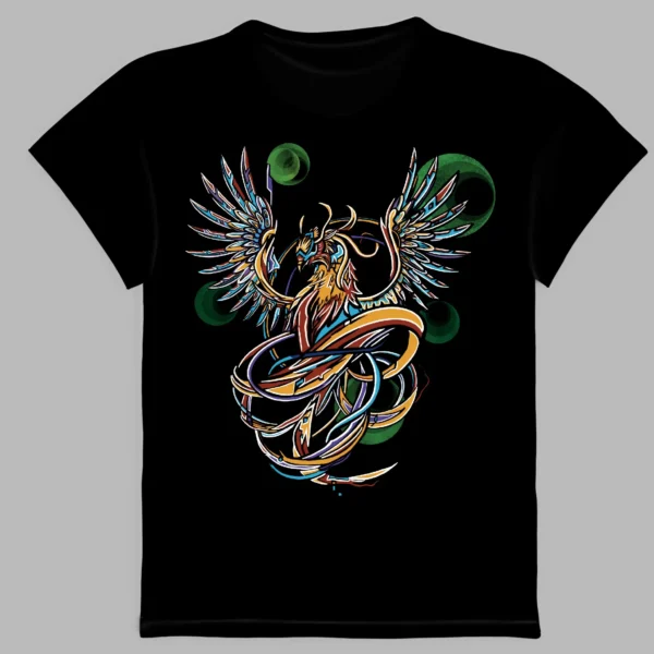 a black t-shirt with a print of an aureate phoenix