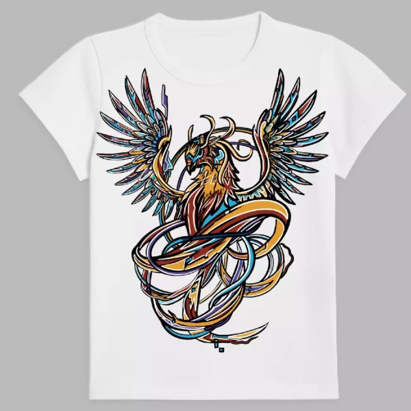 a white t-shirt with a print of aureate phoenix