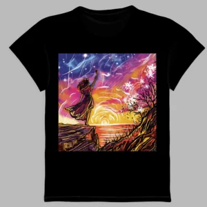a black t-shirt with a print of sunset