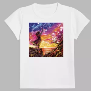 white t-shirt with a symphony of sunset print