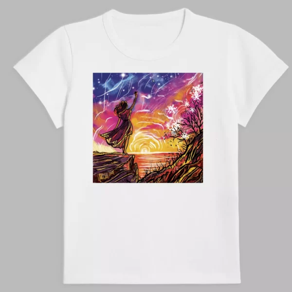 white t-shirt with a print of sunset
