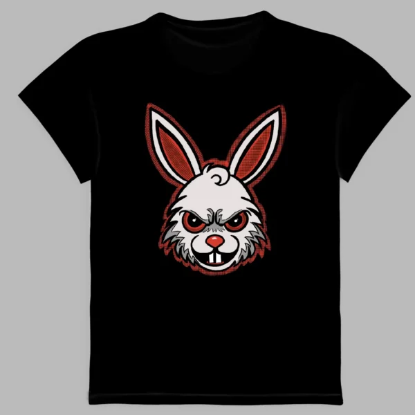 a black t-shirt with a print of angry rabbit