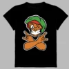 a black t-shirt with a fun print of a man