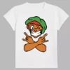 a white t-shirt with a fun print of a man