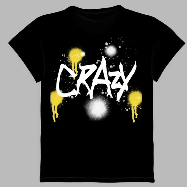 a black t-shirt with crazy style print