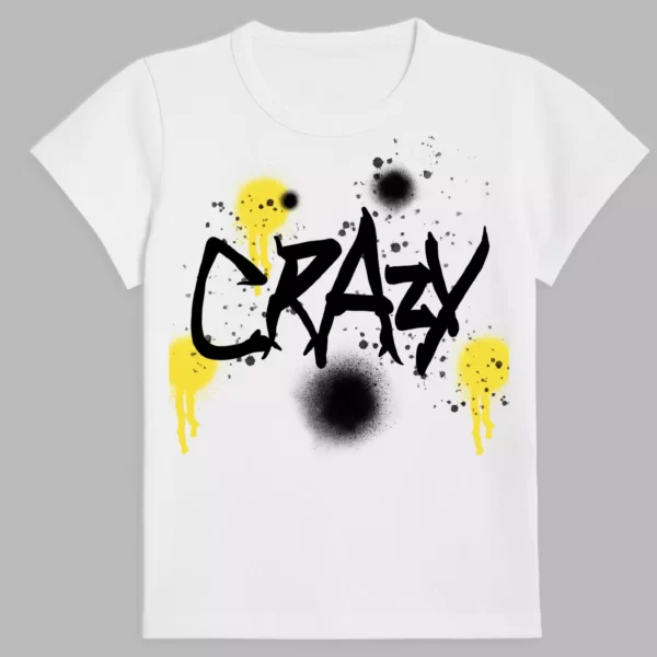 a white t-shirt with crazy style print