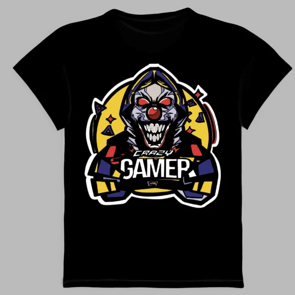 a black t-shirt with a print of crazy gamer