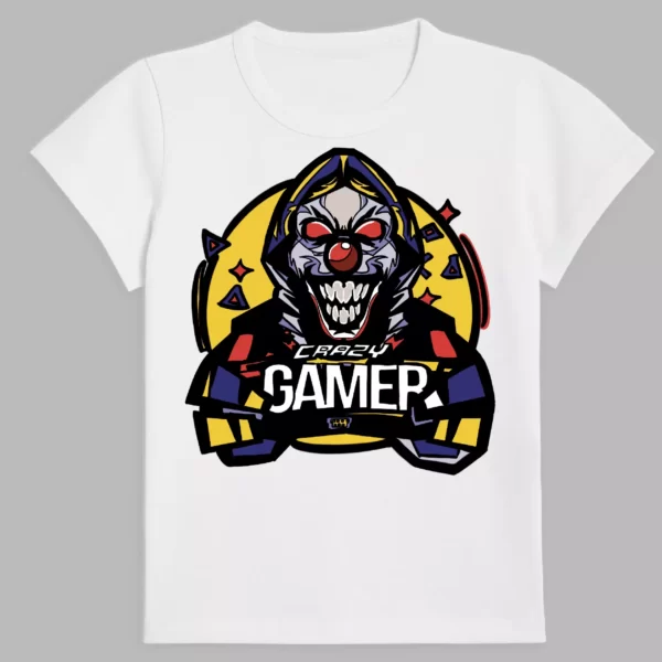 white t-shirt with a print of crazy gamer