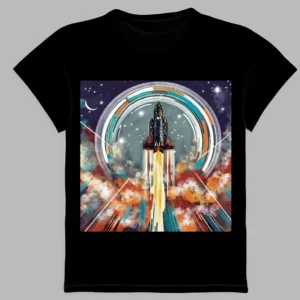 a black T-shirt featuring a print of a flight to Mars