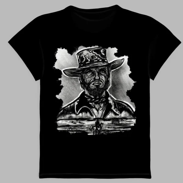 a black t-shirt with a print of the cowboy