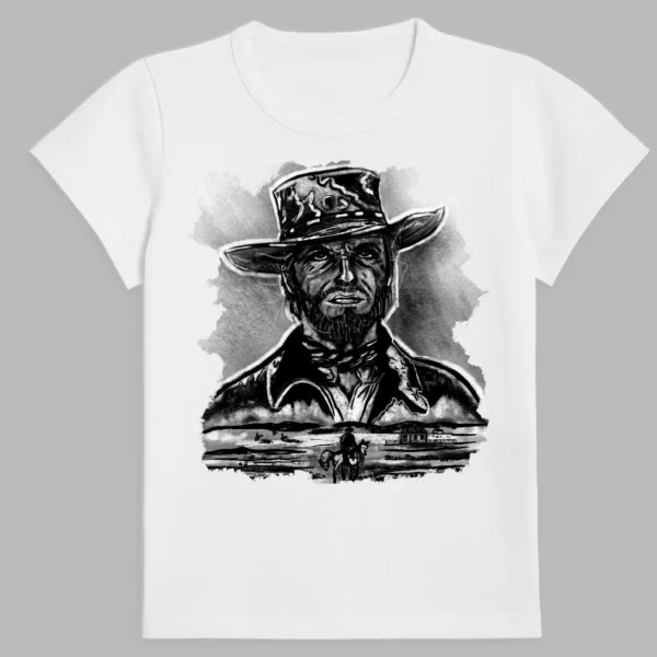 white t-shirt with a print of the cowboy