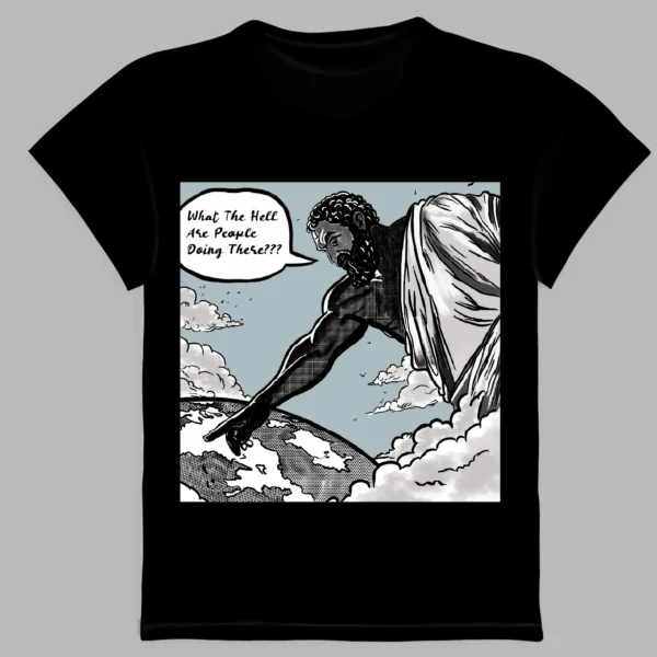 black t-shirt with a print of the god