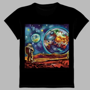 black t-shirt with a print of mars