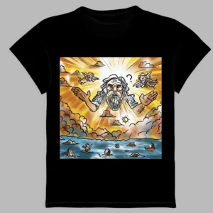black t-shirt with a print of the god