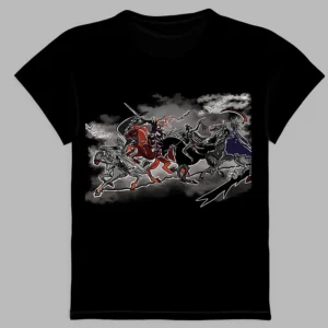 black t-shirt with a print of the four horsemen