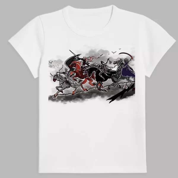 white t-shirt with a print of the four horsemen