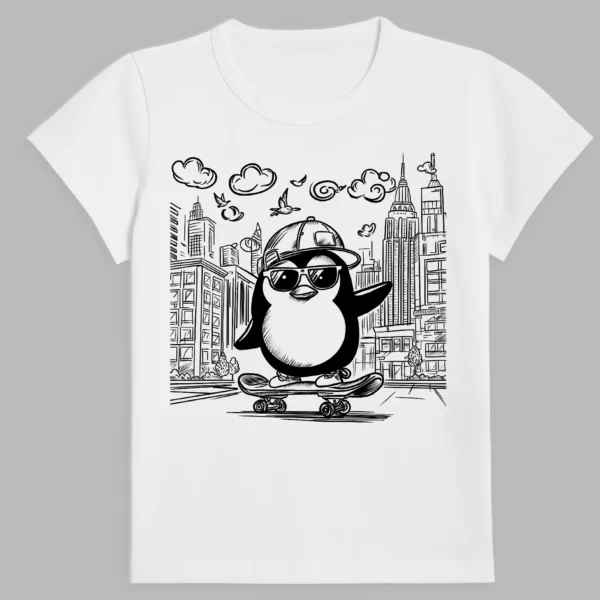 a white t-shirt with a penguin print