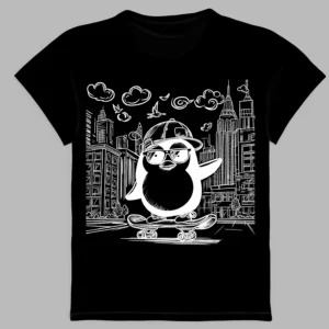 a black t-shirt with a penguin print