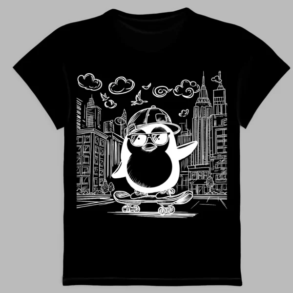 a black t-shirt with a penguin print