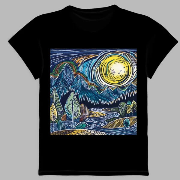 black t-shirt with abstract forest print