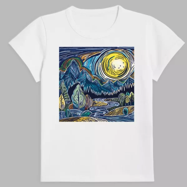 white t-shirt with abstract forest print