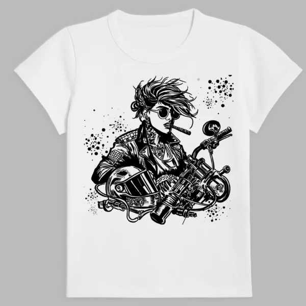 white t-shirt with lady biker print
