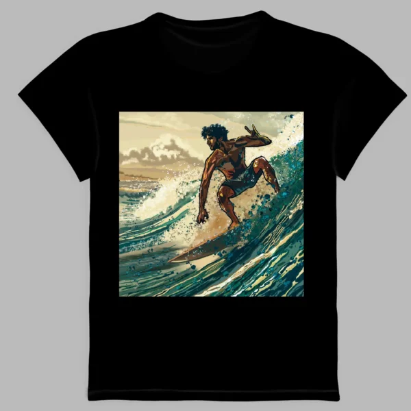 black t-shirt with aqua surfing print