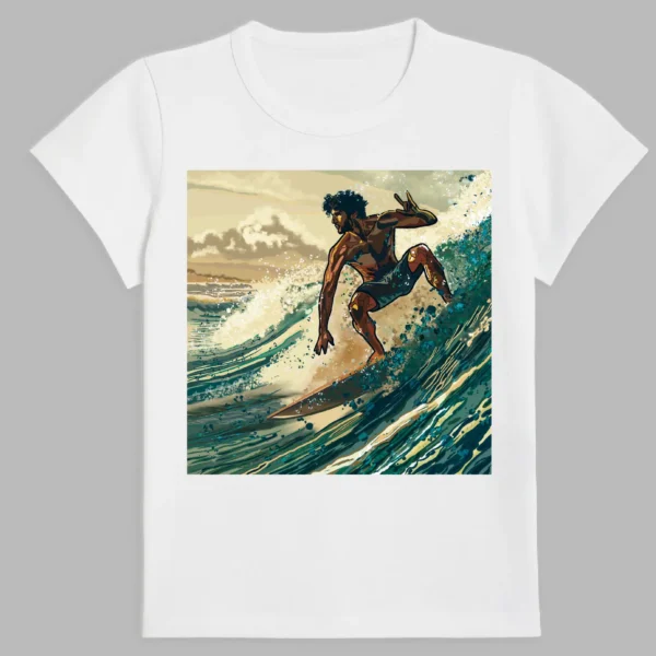 white t-shirt with amazing surfing print