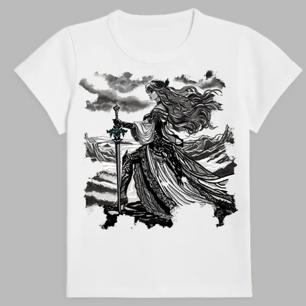 white t-shirt with fantasy lady print
