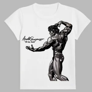 a white t-shirt with a print of the arnold schwarzenegger