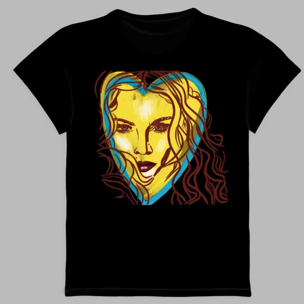 a black t-shirt with a print of the madonna