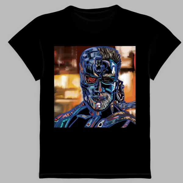 a black t-shirt with a print of the robot