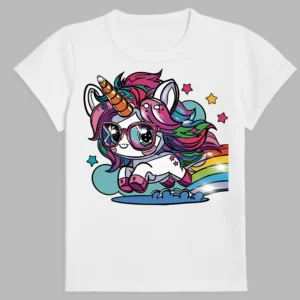 white t-shirt with a print of the rainbow unicorn