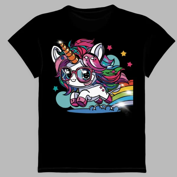 black t-shirt with a print of the rainbow unicorn