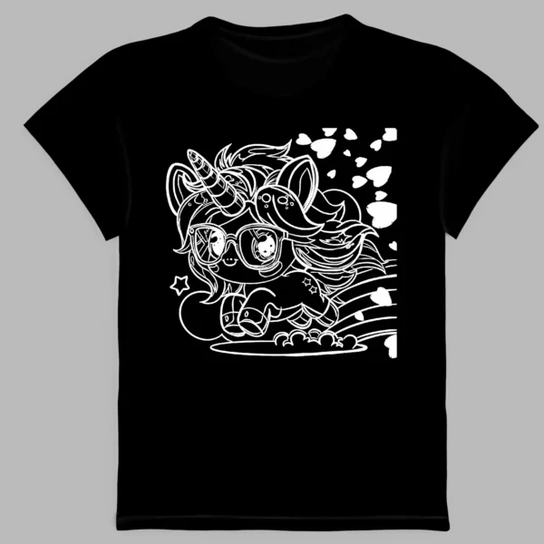 black t-shirt with a print of the little unicorn