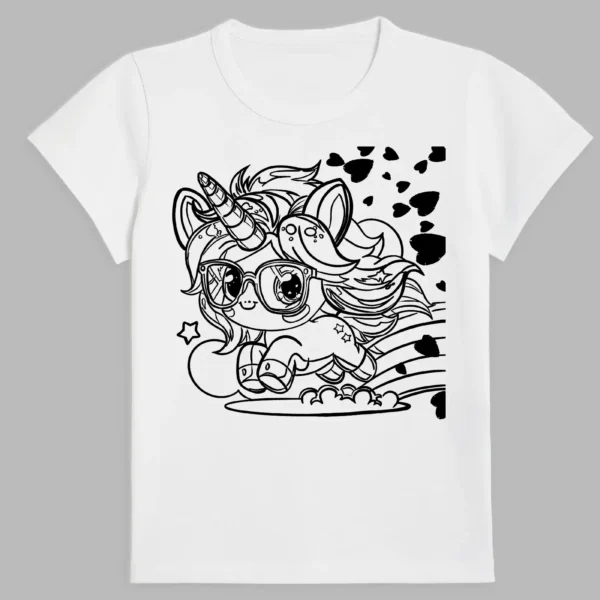 white t-shirt with a print of the little unicorn