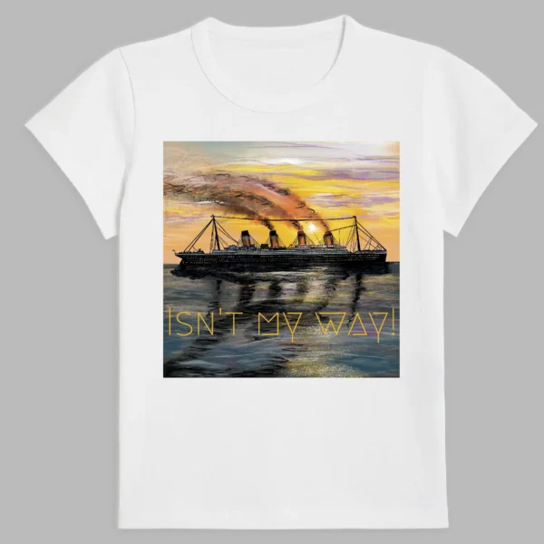 white t-shirt with a print of the titanic ship