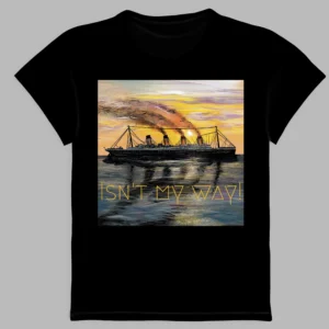 black t-shirt with a print of the titanic ship