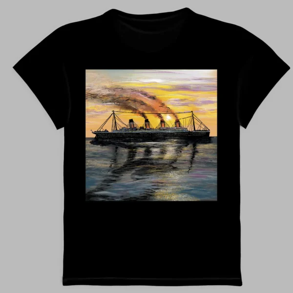 black t-shirt with a sunset print in the ocean