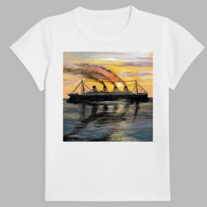 white t-shirt with a sunset print in the ocean