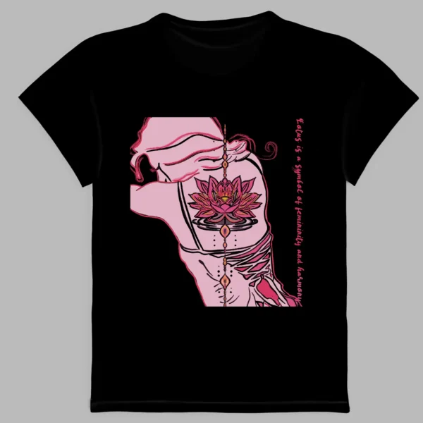 black t-shirt with a lotus flower print