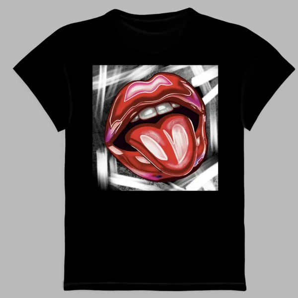 black t-shirt with strawberry lips print